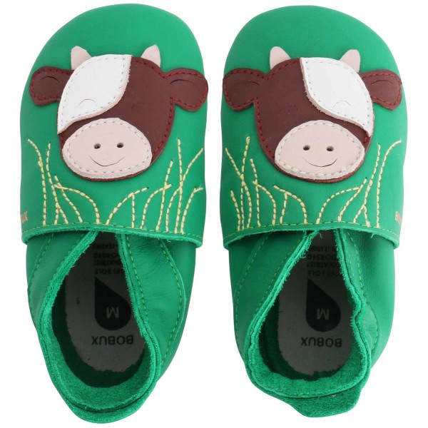 Bobux Soft Sole Calf Baby Krabbelschuhe aus Leder mit Kuhmotiv Emerald