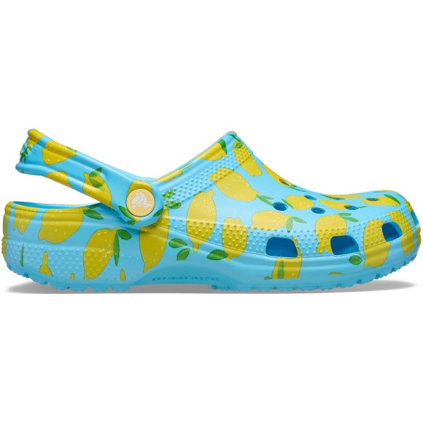 Crocs Classic Fresh Fruits Clog Damen Softe Pantoffel-Sandale Hellblau/Gelb (Tinted Glass)