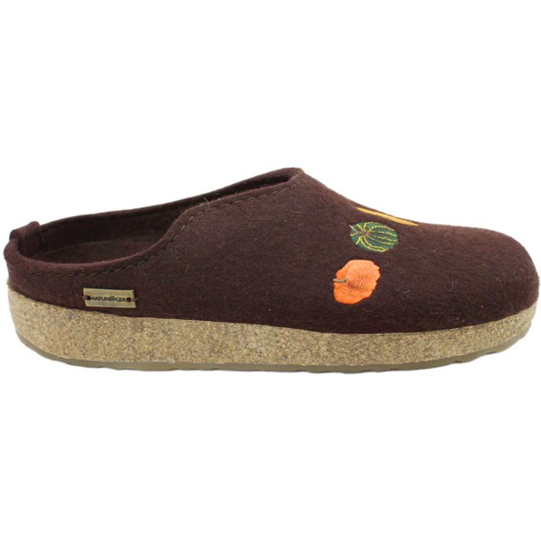 Haflinger Grizzly Kürbis Damen Filz-Kork Pantoffel mit Kürbismotiv Dunkelbraun (Espresso)